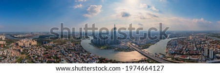 Aerial panorama photo of Ho Chi Minh city skyline in morning 
