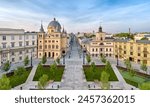 Aerial panorama of Plac Wolnosci (Liberty square) in Lodz, Poland