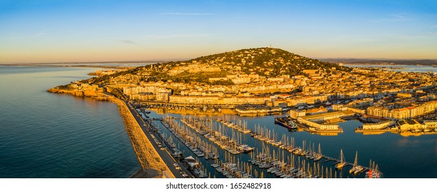 Aerial Panorama Of The Port Of Sète At Sunrise In Hérault In Occitanie, France