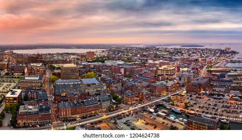 Aerial Panorama Of Portland, Maine At Dusk