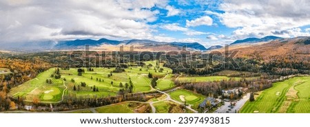 Aerial panorama of Presidential Range covered in clouds, in Bretton Woods, White Mountain National Forest, New Hampshire.