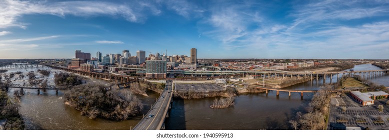 Aerial Panorama Of Richmond Virginia Views Of The Mayo And Manchester Bridge Over The James River, Floodwall, Industrial Railroad Tracks, Downtown Business District, Shockoe Slip, Capitol District