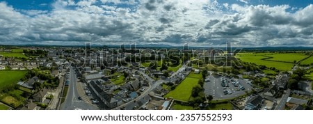 Aerial panorama of Rock of Cashel iconic Irish historic landmark with Romanesque chapel, a Gothic cathedral, an abbey, the Hall of the Vicars Choral and a fifteenth-century Tower House