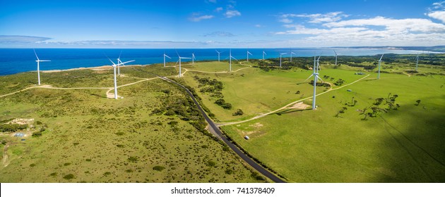 Aerial Panorama Of Rural Road And Wind Farm In Australia
