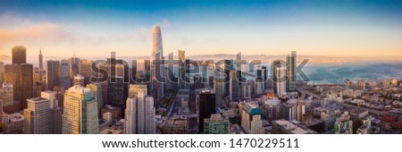 Aerial panorama of the San Francisco downtown, SOMA and the bay