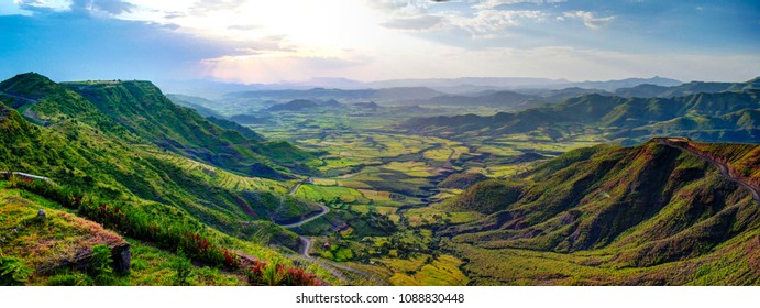 Aerial Panorama of Semien mountains and valley around Lalibela in Ethiopia