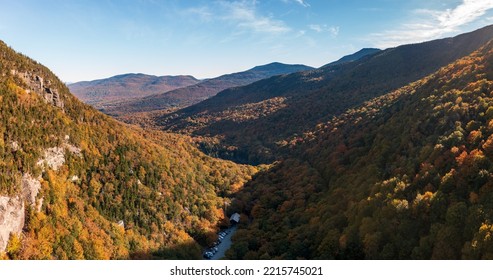 Aerial panorama of Smugglers Notch looking to the north in fall colors - Shutterstock ID 2215745021