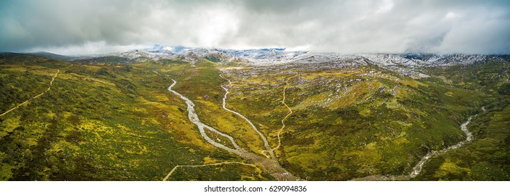 Aerial Panorama Of Snowy River And Mountains In Australian Alps, Australia