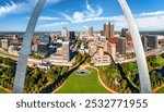 Aerial panorama of St. Louis, Missouri skyline on a sunny day, in front of the Gateway Arch park. St. Louis is an independent city in the U.S. state of Missouri.