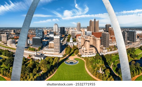 Aerial panorama of St. Louis, Missouri skyline on a sunny day, in front of the Gateway Arch park. St. Louis is an independent city in the U.S. state of Missouri. - Powered by Shutterstock