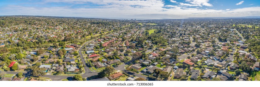 Aerial Panorama Of Suburbia In Australia On Bright Sunny Day