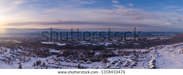 Aerial Panorama Sunrise Over Cabins Idre Stock Photo Edit Now