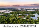 Aerial panorama of Trukhaniv Island on the Dnieper river in Kiev, Ukraine before the Russian invasion