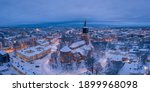 Aerial panorama of Turku Cathedral and the city skyline in winter night in Turku, Finland