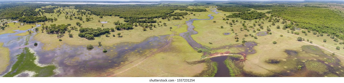 Aerial panorama of typical Pantanal Wetlands landscape with lagoons, rivers, meadows and forests, Mato Grosso, Brazil