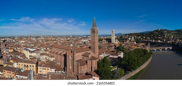 Aerial panorama of Verona, Italy. Aerial view of Basilica di Santa Anastasia church, Ponte Pietra bridge in Verona, Italy.
