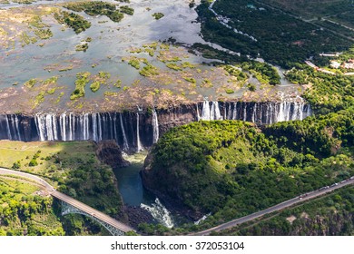 Aerial Panorama Of The Victoria Falls, Zambia And Zimbabwe. UNESCO World Heritage