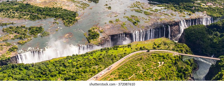 Aerial Panorama Of The Victoria Falls, Zambia And Zimbabwe. UNESCO World Heritage