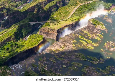 Aerial Panorama Of The Victoria Falls, Zambia And Zimbabwe. UNESCO World Heritage