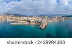 Aerial panorama view of Benidorm skyline, beach, marina, pier and Balco del Mediterrani