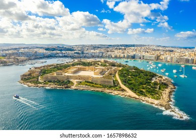 Aerial panorama view Fort Manoel Manoel island  Gzira city  Blue sky   clouds  Malta island