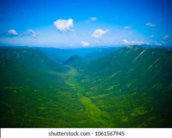 Aerial panorama view to Kamchatka rivers and tundra, Kronotsky Nature Reserve, Kamchatka peninsula, Russia