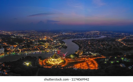 Aerial Panorama View Of Kuching Town In Sarawak During Sunset