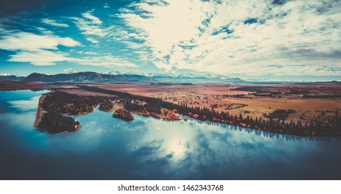 Aerial Panorama View Of Lake Pukaki In New Zealand