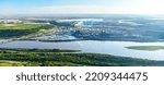 Aerial Panorama view of large Petrochemical oil refinery along the Athabasca River near the Oilsands mining area Fort McMurray travel Alberta Canada