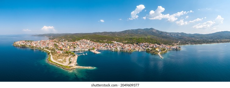 Aerial panorama view of Neos Marmaras city in Chalkidiki, Northern Greece.