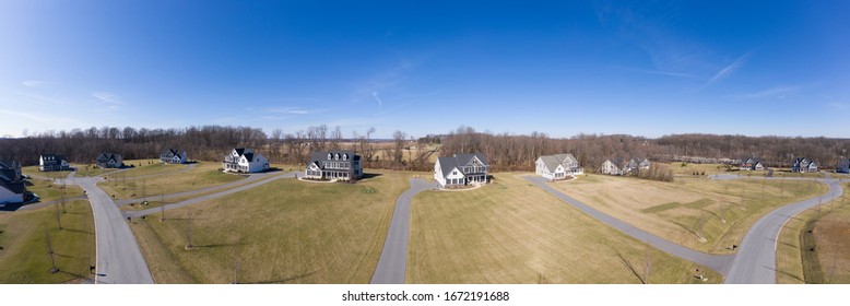 Aerial Panorama View Of Prime Maryland Real Estate Properties, Single Family Home Neighborhood Street With Exclusive Houses With  Large Lots