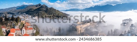 Aerial panorama view of Sa Pa town in beautiful low cloud day