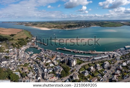 Aerial panorama view of the town and beach of Padstow on The Camel Estuary in Cornwall, UK which is a popular vacation destination on a sunny Summer day