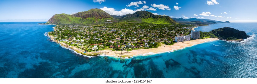 Aerial panorama of the west coast of Oahu with Makaha Valley and Papaoneone beach. Hawaii, USA