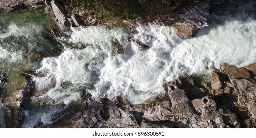 Aerial Panorama of White Water Rapids at Eagle Falls, Washington on Sunny Day