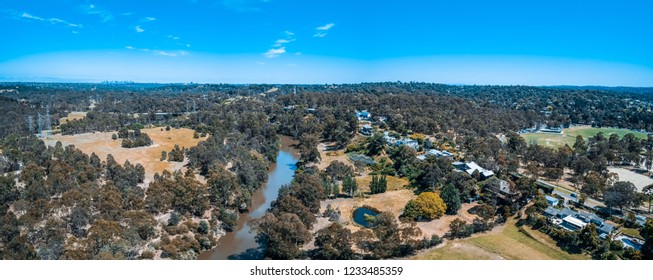 Aerial Panorama Of Yarra River Flowing Through Eltham Suburb In Melbourne, Australia