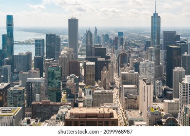 Aerial Panoramic City View Of Chicago Downtown Area At Day Time, Illinois, USA. Bird's Eye View Of Skyscrapers At Financial District, Skyline. A Vibrant Business Neighborhood.