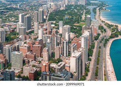 Aerial Panoramic City View Of Chicago Downtown Area At Day Time, Illinois, USA. Bird's Eye View Of Skyscrapers At Financial District, Skyline. A Vibrant Business Neighborhood.