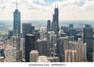 Aerial Panoramic City View Of Chicago Downtown Area At Day Time, Illinois, USA. Bird's Eye View Of Skyscrapers At Financial District, Skyline. A Vibrant Business Neighborhood.