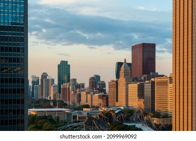 Aerial panoramic city view of Chicago downtown area at sunrise, Illinois, USA. Bird's eye view of skyscrapers at financial district, skyline. A vibrant business neighborhood.
