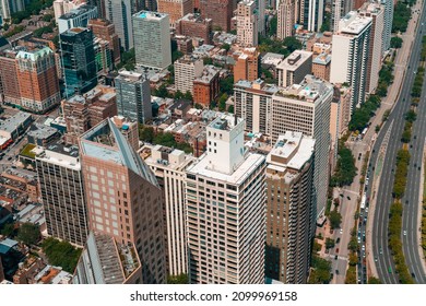 Aerial Panoramic City View Of Chicago Downtown Area At Day Time, Illinois, USA. Bird's Eye View Of Skyscrapers At Financial District, Skyline. A Vibrant Business Neighborhood.