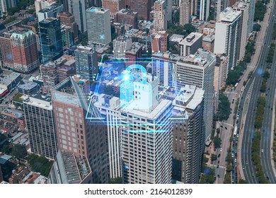 Aerial panoramic city view of Chicago downtown area, day time, Illinois, USA. Birds eye view, skyscrapers, skyline. Concept of cyber security to protect companies confidential information, hologram