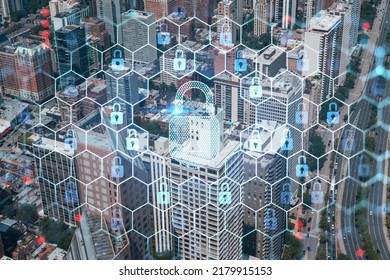 Aerial panoramic city view of Chicago downtown area, day time, Illinois, USA. Birds eye view, skyscrapers, skyline. Concept of cyber security to protect companies confidential information, hologram