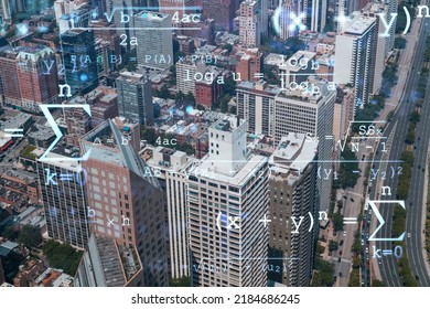Aerial panoramic city view, Chicago downtown area, day time, Illinois, USA. Birds eye view, skyscrapers, skyline. Education concept. Academic research, top ranking universities, hologram