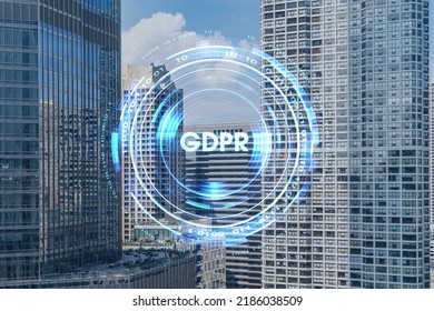 Aerial panoramic city view of Chicago downtown area, day time, Illinois, USA. Birds eye view, skyscrapers, skyline. GDPR hologram, concept of data protection regulation and privacy for individuals