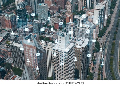 Aerial panoramic city view of Chicago downtown area, day time, Illinois, USA. Birds eye view, skyscrapers, skyline. Social media hologram. Concept of networking and establishing new people connections