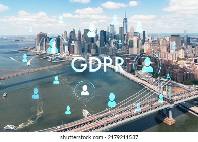 Aerial panoramic city view of Lower Manhattan. Brooklyn and Manhattan bridges over East River, New York, USA. GDPR hologram, concept of data protection regulation and privacy for all individuals