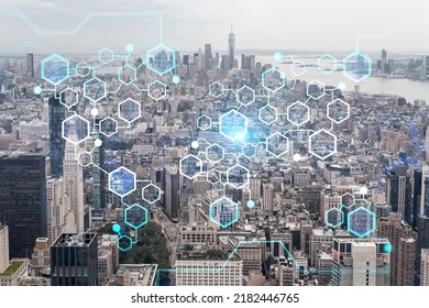 Aerial panoramic city view of Lower Manhattan, Midtown, Downtown, Financial area, West Side at day time, NYC, USA. Decentralized economy. Blockchain, cryptography and cryptocurrency concept, hologram