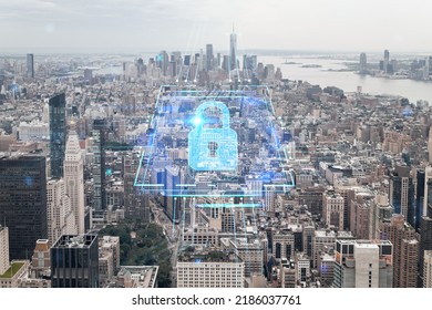 Aerial panoramic city view of Lower Manhattan, Midtown, Downtown, Financial district, West Side at day time, NYC, USA. Concept of cyber security to protect confidential information, padlock hologram