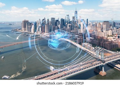Aerial panoramic city view of Lower Manhattan. Brooklyn and Manhattan bridges over East River, New York, USA. Technologies and education concept. Academic research, top ranking university, hologram